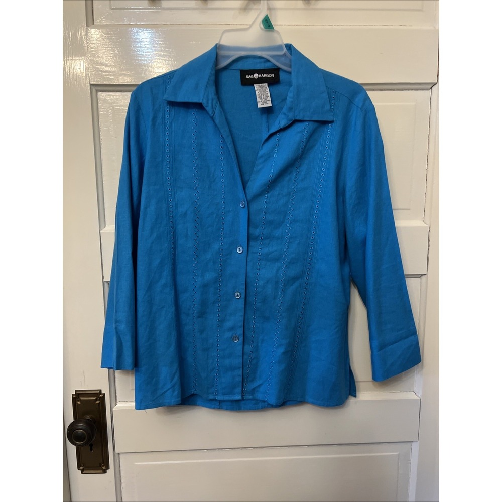 Sag Harbor Aqua Blue Linen Eyelet Blouse Coastal Grannycore S535376Y Medium